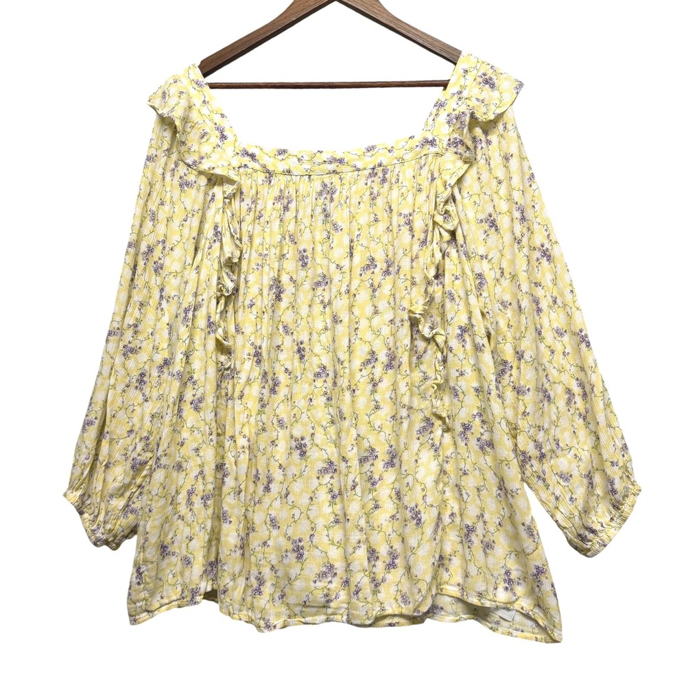 Chaps Womens 2X Top Floral Boho Square Neck Long Sleeve Cottagecore Feminine
